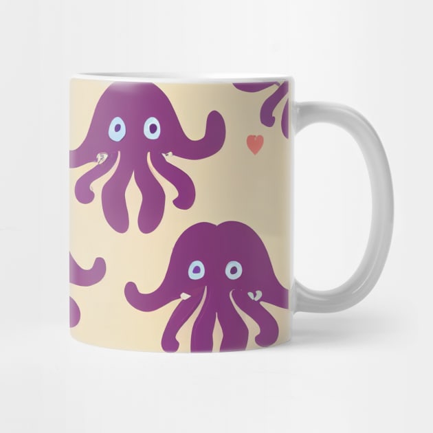 A fun vividly colored pattern of cute pink octopi and hearts swimming around the ocean  in a cartoonish minimalist style inspired by credit scenes anime movie and television series.  Thank you for supporting an indie artist! by JensenArtCo